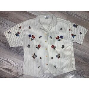 Vintage Maggie & Max Top L Striped Short ‎ Embroidered Floral Boho Cottagecore